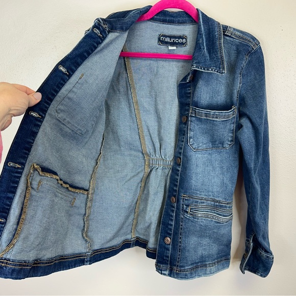 Maurices S Dark Blue Cinched Back Jean Jacket Denim Western Classic Casual Boho - Picture 3 of 13